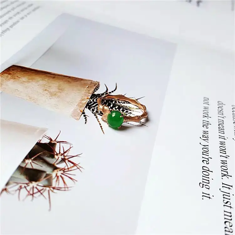 Natural green egg noodle chalcedony bamboo joint opening adjustable ring Chinese retro charm women's brand silver jewelry