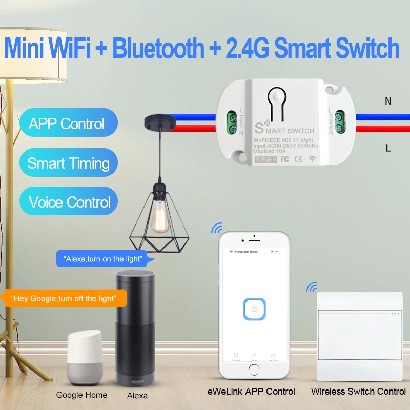 EWeLink Mini WiFi+Bluetooth-compatible+2.4G Remote Control Smart Switch Module Support Alexa Google Home Voice control