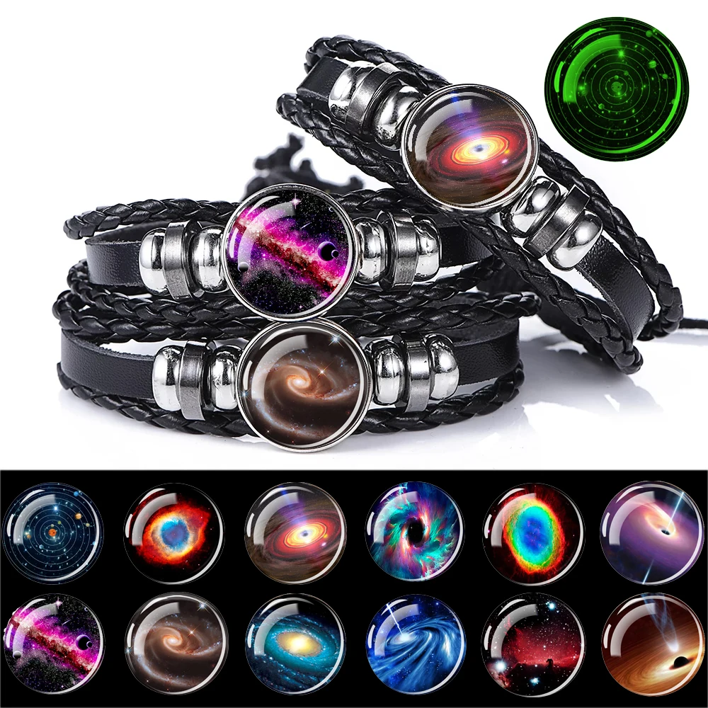 Esspoc Steampunk Galaxy Bracelet for Women Men Jewelry Luminous Glass Cabochon Black Leather Handmade Bangles Pulseras Mujer