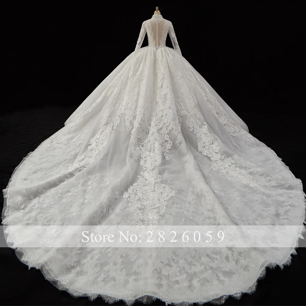 Lceland Poppy Customized Ball Gown Lace Wedding Dresses Long Sleeves Pearls Beaded V-neck Bridal Gowns with Cathedral Train