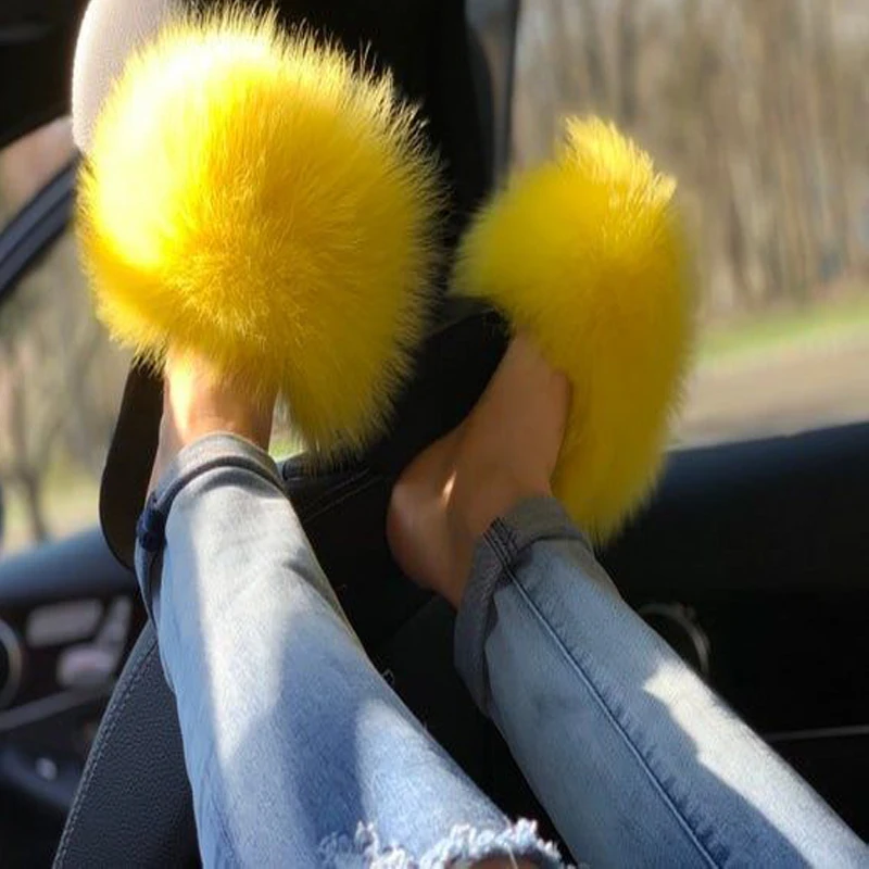 Summer New Plush Slippers Outdoor Casual Non-slip Real Fluffy Fox Fur Slides For Women Flat-bottomed Home Fashion Ladies Sandals