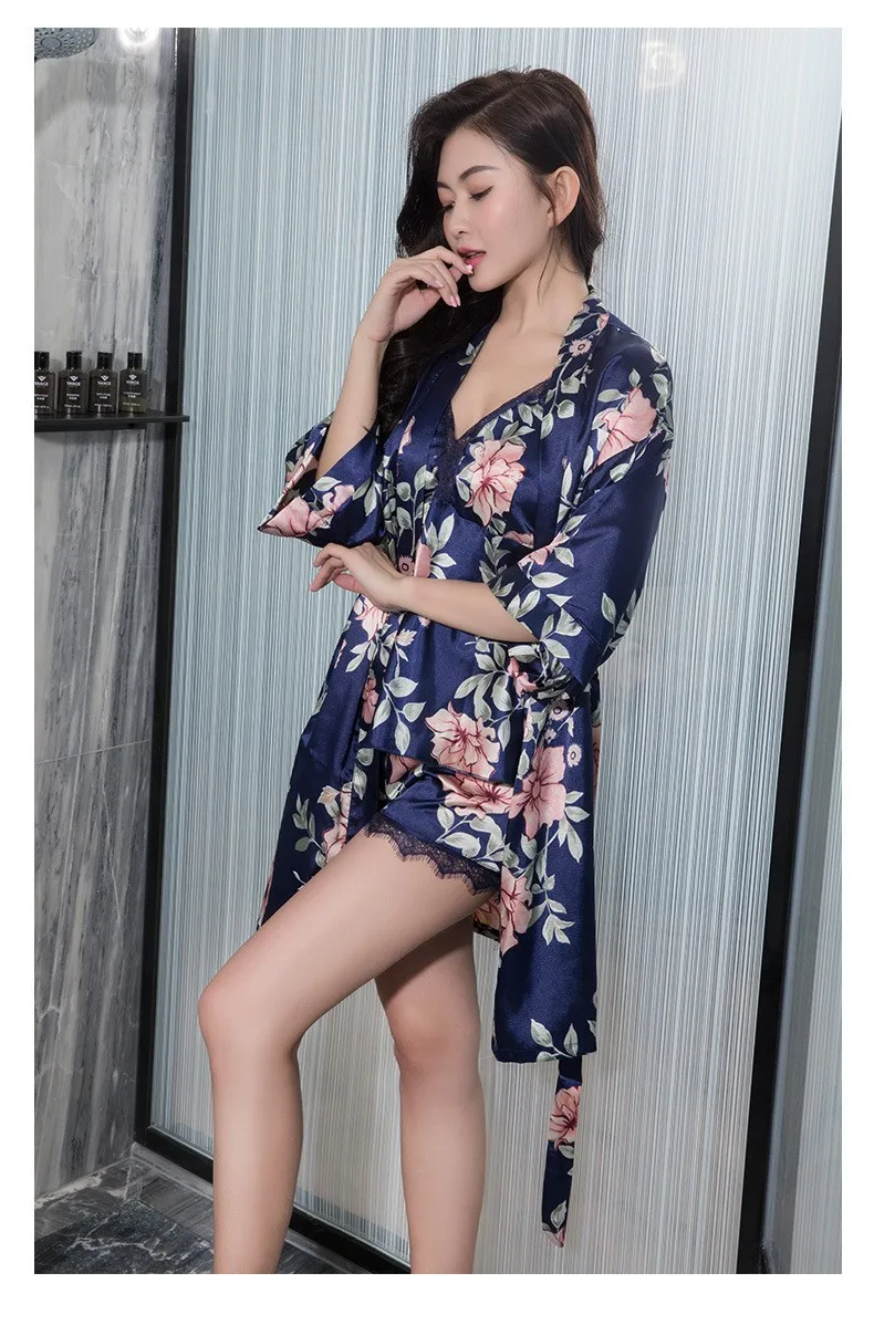 Ensemble de pyjama 5 pièces en soie rayonne, Sexy, vêtements de nuit pour femmes, imprimé fleur, peignoir, chemise de nuit, ample, décontracté,