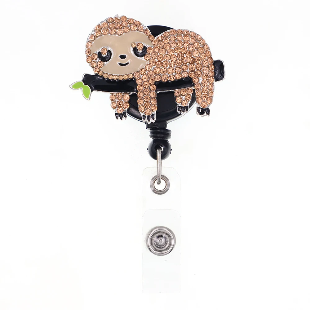 

1/10/20 Pcs/Lot New Design Cute Enamel Sloth Lying On A Branch Animal Rhinestone Retractable Badge Reel