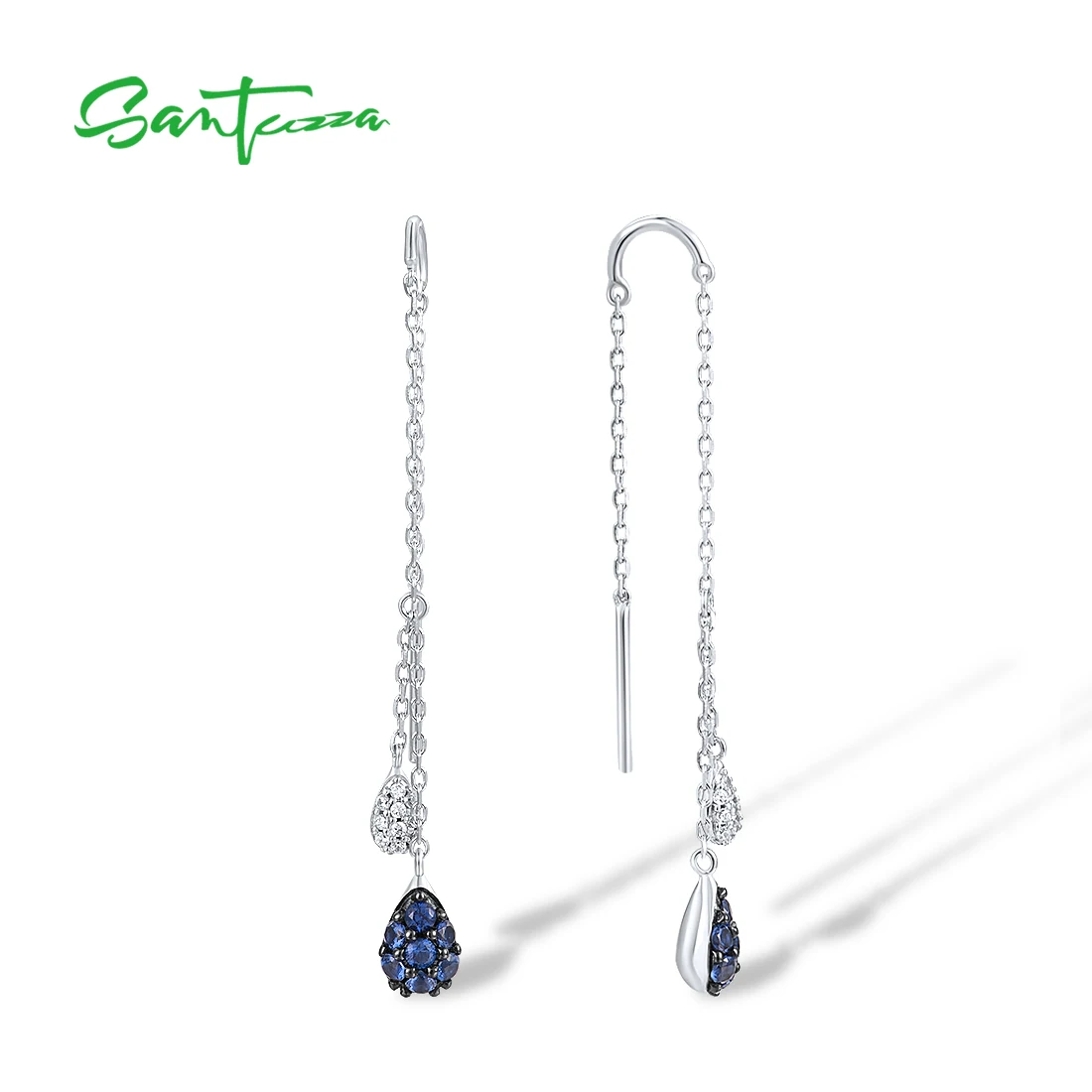 SANTUZZA Silver Drop Earrings For Women 925 Sterling Silver Blue White Cubic Zirconia Long Thread Earrings Concise Fine Jewelry