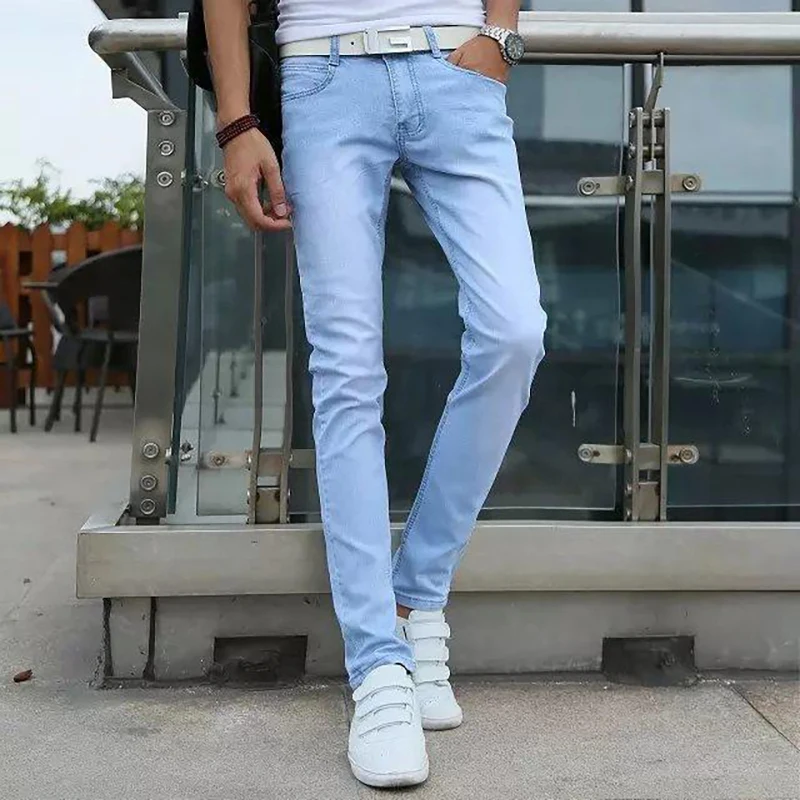 

Men's Jeans Autumn Pencil Pants Japanese Solid Color Mid-Waist Micro-Elastic Slim-Fitting Trouser for Male