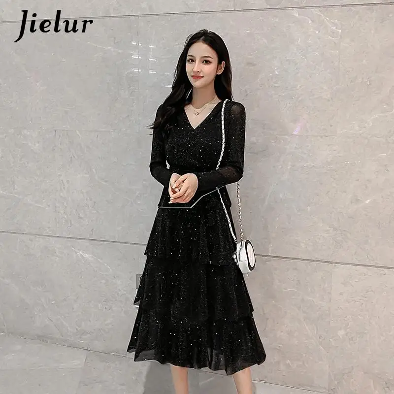 Jielur Dress Black Mesh Sequin Women Elastic Waist Vintage Ruffle Cake S-5XL Size Sexy Club Dresses Long Sleeve Robe Femme