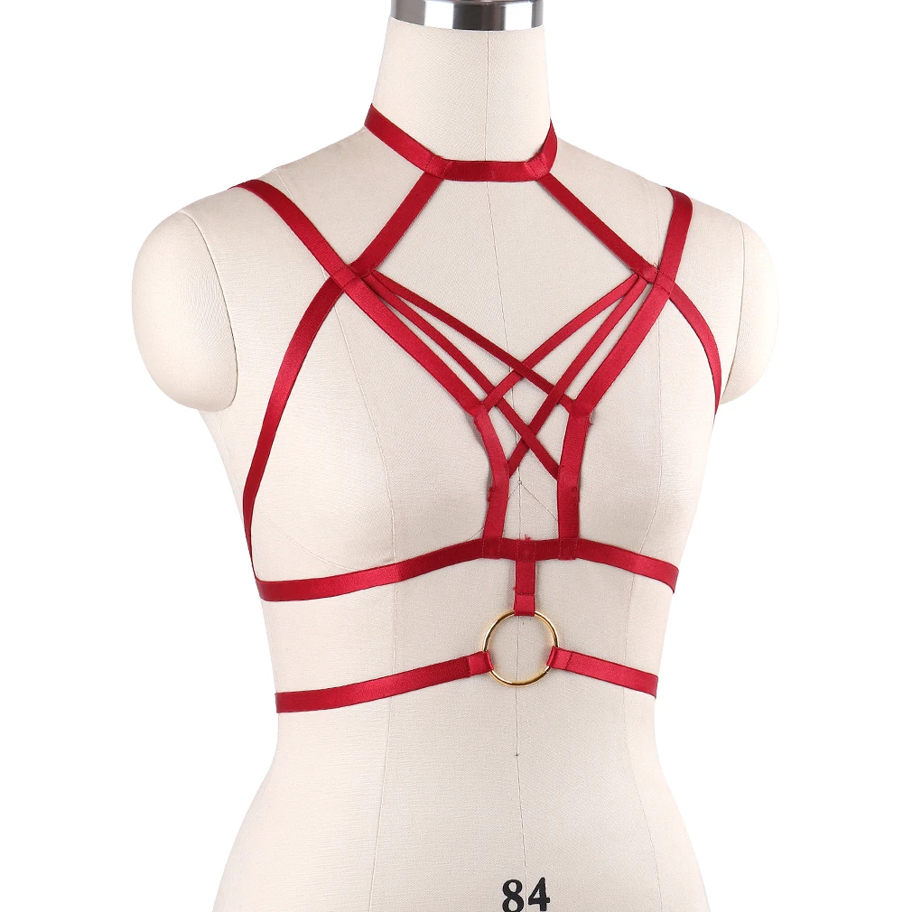 Hanaernes vermelho sexy bustier bandage gaiola sutiã cupless goth lingerie elástica punk rock colheita topos sutiã feminino