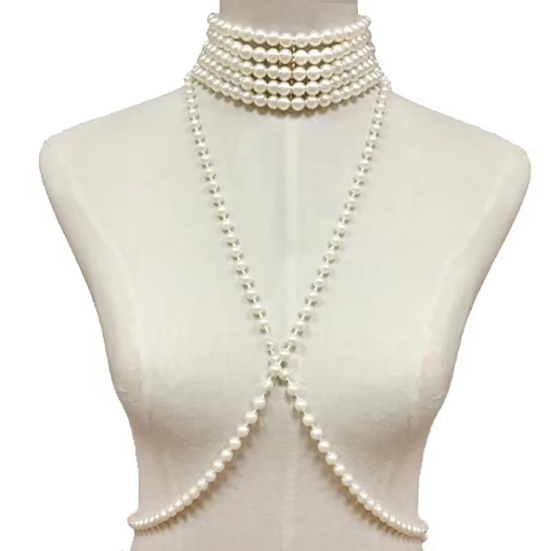 Fashion Vintage Pearl Vest Jewelry Shoulder Chain Jewelry Wedding Dress Accessories Handmade Bead NecKLace, Pearl Body Chain