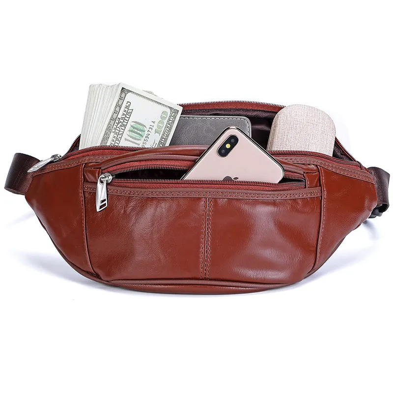 Fashion Genuine Leather Waist Packs Fanny Pack Bags Large Phone Pouch Bags Travel Waist Pack Male Waist Bag Leather Pouch