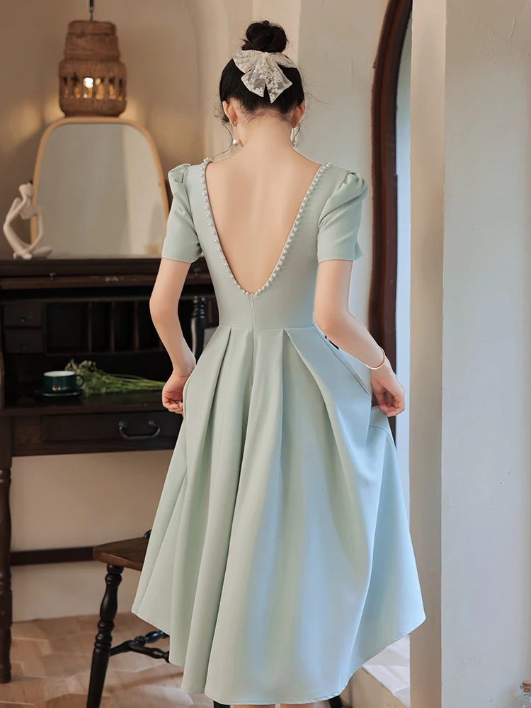 Vintage Square Collar A-Line Prom Dress Sexy Backless Big Bowknot Tea-Length Party Gown Women Summer Homecoming Dress