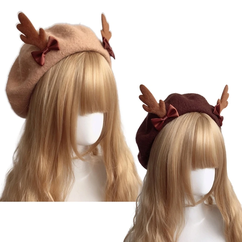 Sweet Painter Hat Deer Antlers Beret Cosplay Hat Vintage Lolita Wool Cap Warm Beanie Hat for Women Girls Head Accessory