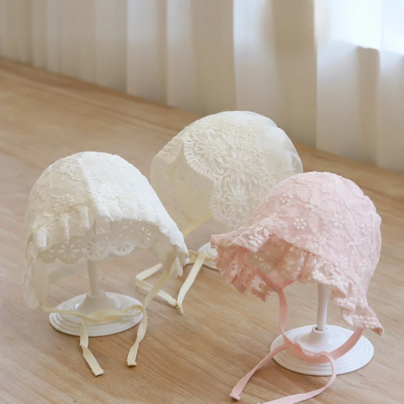 Lace Embroidery Baby Girl Bonnet Hat Summer Breathable Mesh Kids Cap for Newborn Infant Princess Adjustable Beanie Hats 아기모자