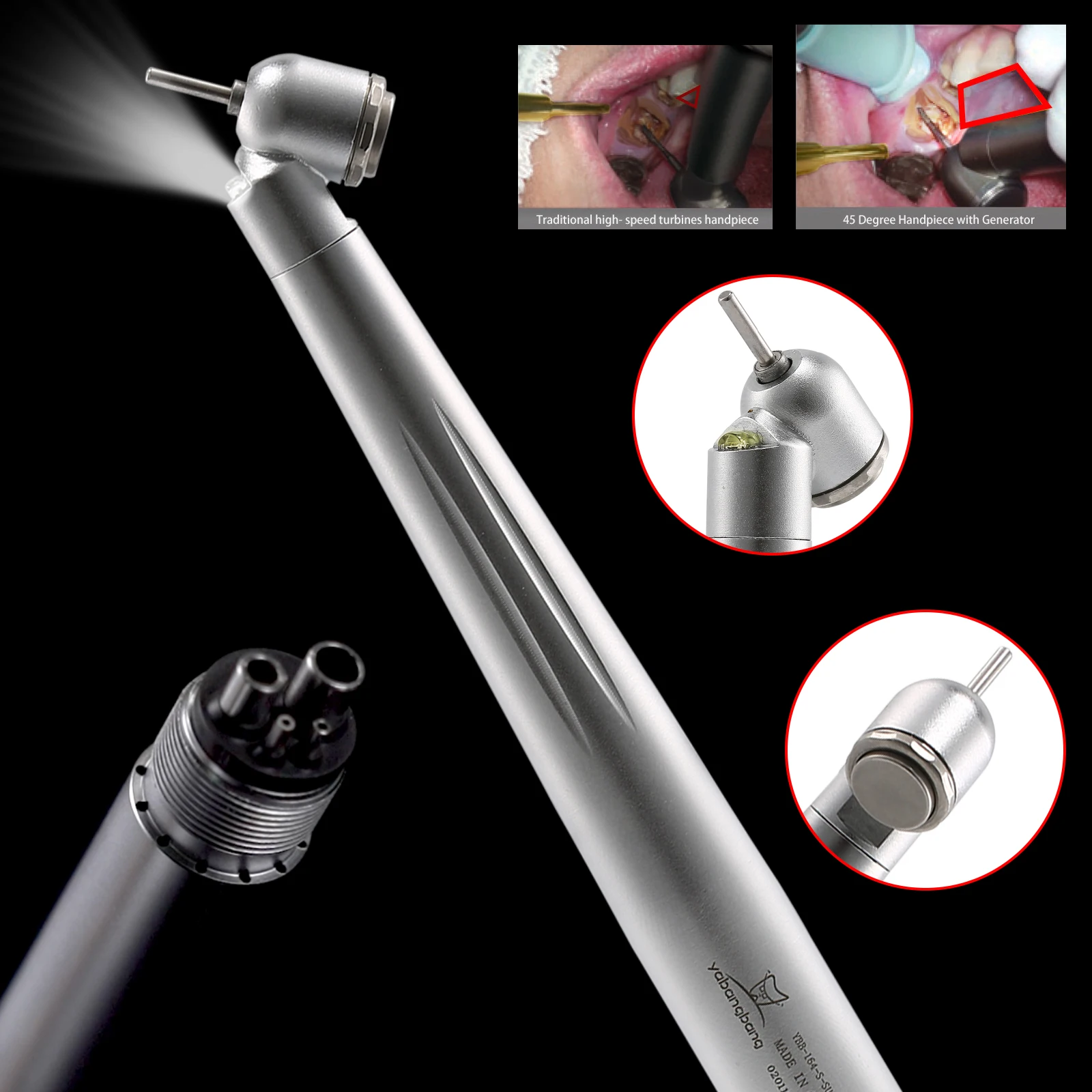 Yabangbang 4-hole turbina dental cabeça de 45 graus led e-gerador de alta velocidade handpiece botão chuck venda quente!