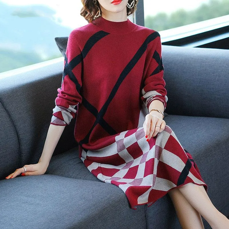Pull ample surdimensionné à col roulé pour femme, haut en tricot, avec poches, longueur aux genoux, manches longues, style Patchwork Hlaf