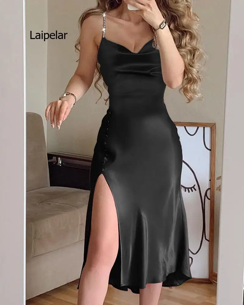 Women Summer Two Pieces Sets Spaghetti Strap Crop Top & Satin Buttoned High Slit Midi Skirt Set