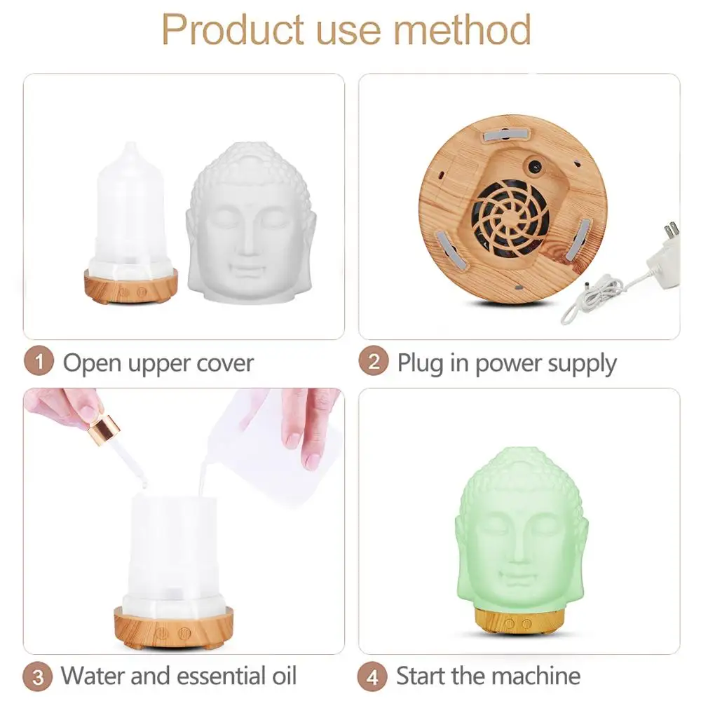 Neue Desgin Statue Von Buddha Muster 100ml Aroma Diffusor Ätherisches Öl Mit 7 LED Keramik Materila Ultraschall-luftbefeuchter