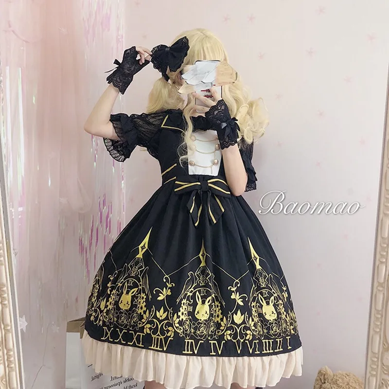 

Gothic Japanese palace sweet princess lolita strap dress high waist printing victorian dress kawaii girl gothic lolita cos loli