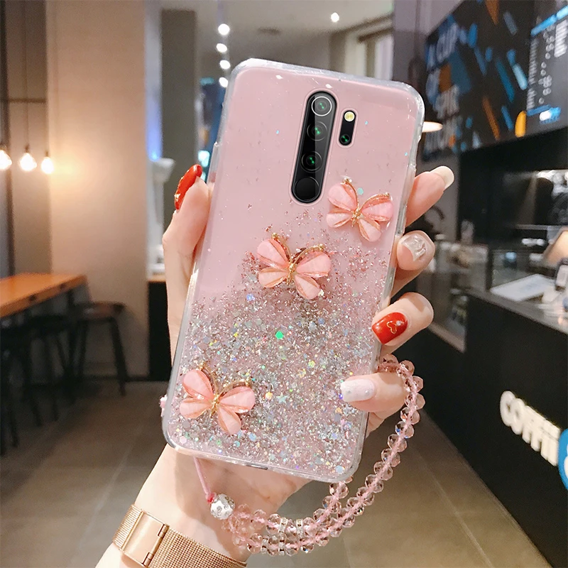 Ultra-thin Cute Bling Glitter Lanyard Silicone Phone Case For Xiaomi Redmi Note 13 12 11 10 9 S 8 Mi 14 T Pro Luxury Rope Cover