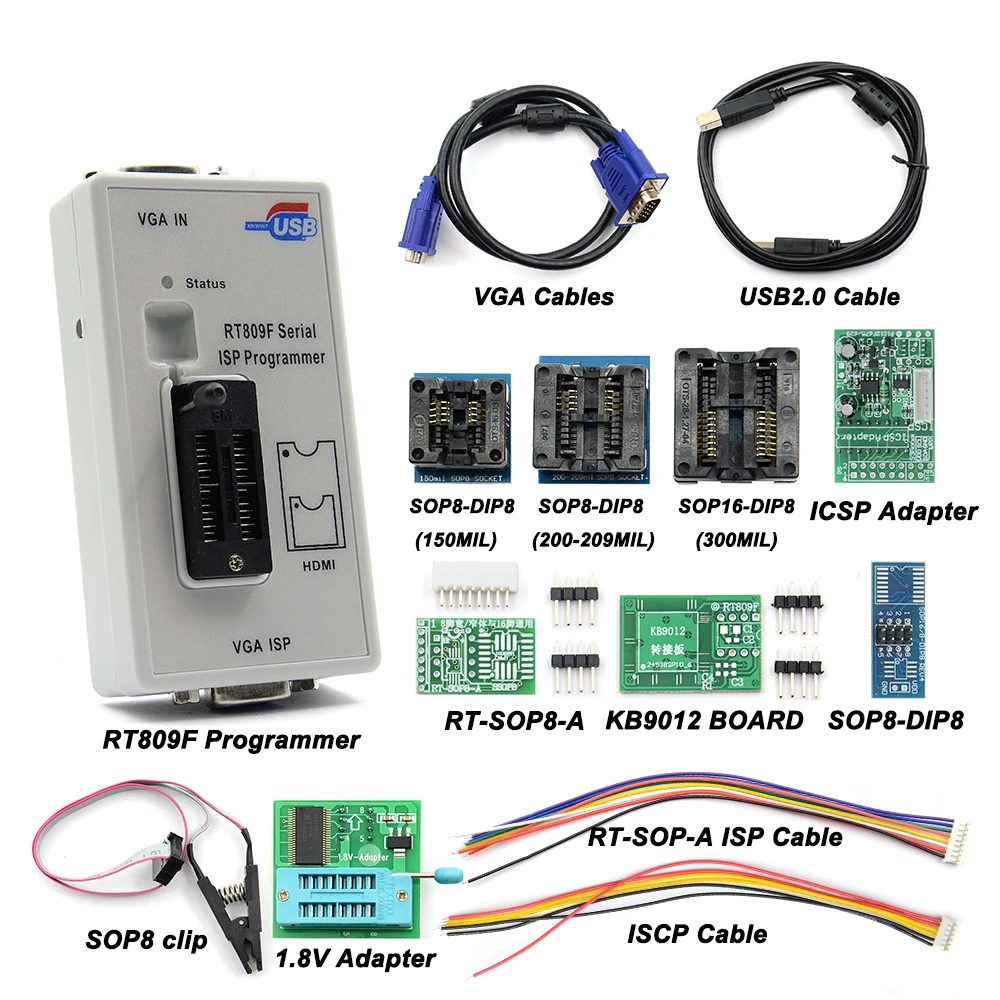 Original RT809F ISP Programmer/ RT809 lcd usb programmer Repair Tools 24-25-93 serise IC with 12 adapters