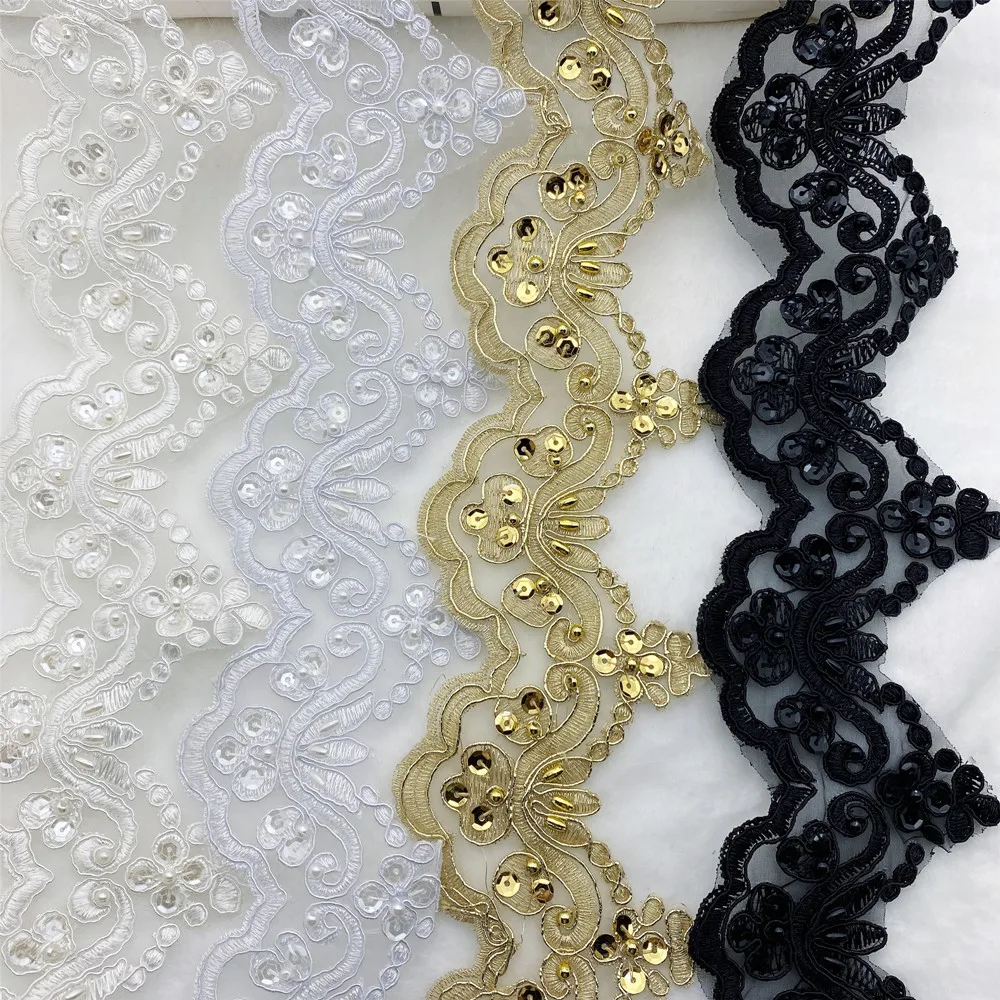 14yards Pearl Beaded Bridal Wedding Applique lace  Trim Edging evening dress  Costume