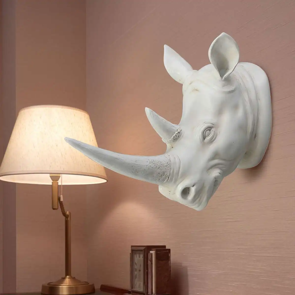 

KiWarm Resin Exotic Rhinoceros Head Ornament White Animal Statues Crafts for Home Hotel Wall Hanging Art Decoration model Gift