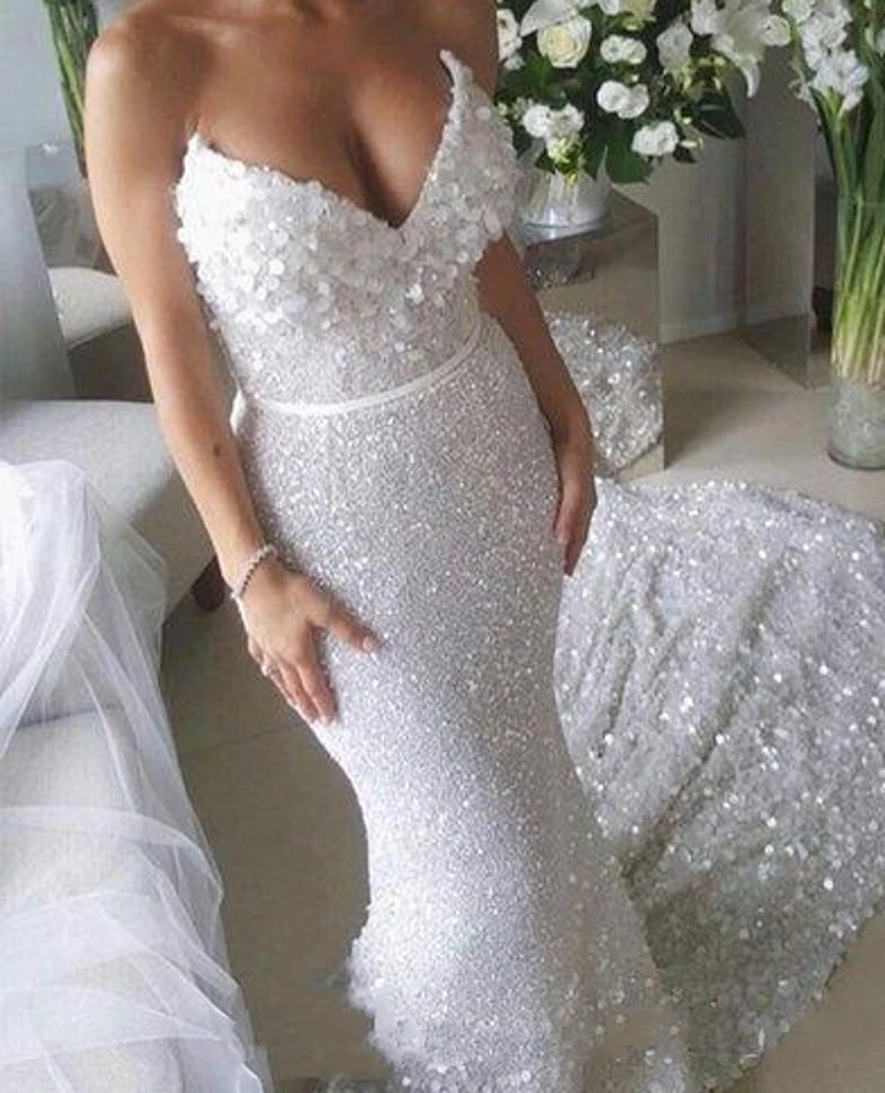 Robe de Mariée Sirène Blanche à Paillettes, Tenue de Luxe Sexy, Grande Taille, Col en V, pour Patients, Quelle que soit la Collection 2024