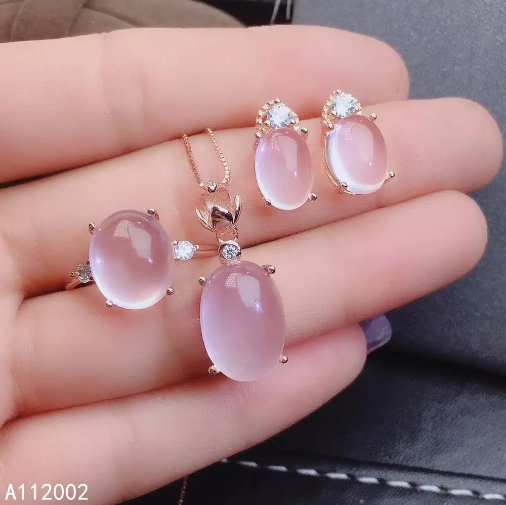 

KJJEAXCMY fine jewelry natural Rose Quartz 925 sterling silver women gemstone pendant ring earrings set support test trendy