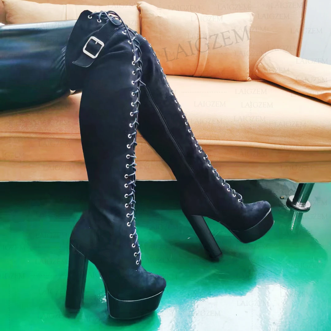 BERZIMER Women Over Knee High Boots Full Zip Wide Calf Friendly Chunky High Heels Boots Patchwork Shoes Woman Big Size 41 46 52