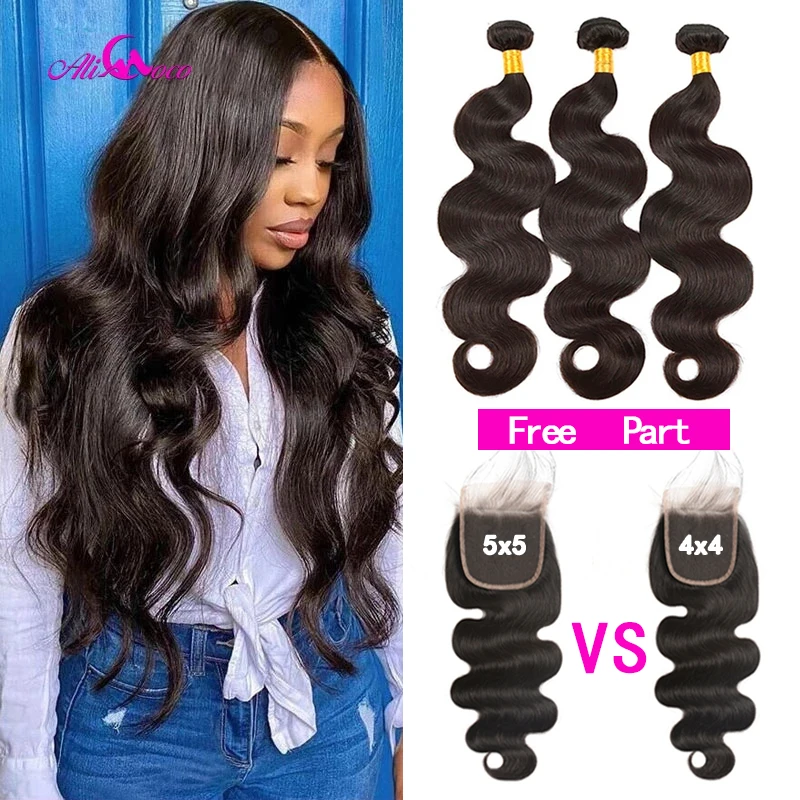 5x5 Transparent Lace Closure with Bundles Body Wave Bundles with Clousre 30 Inch Human Hair Bundles with 4x4 Lace Closure