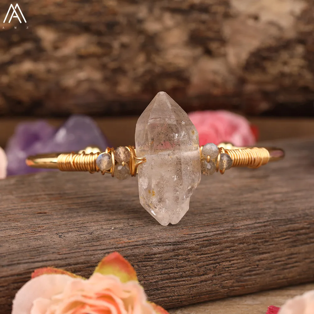 Natural Herkimer Diamonds Quartz Stick Point Cuff Bangle Bracelets Women Quartz Crystal Bead Adustable Bracelet Jewelry Dropship