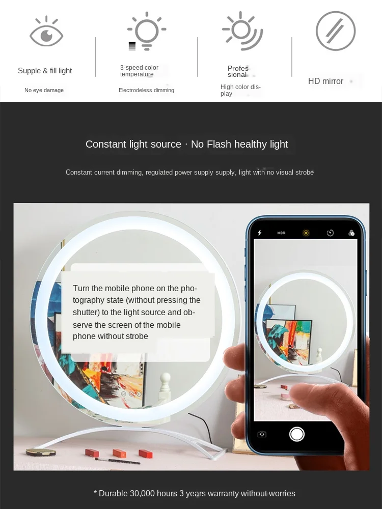 Makeup Mirror Desktop Led Desktop with Light Large Vanity Mirror Internet-Famous Dormitory Rechargeable Wall Hanging roundMirror