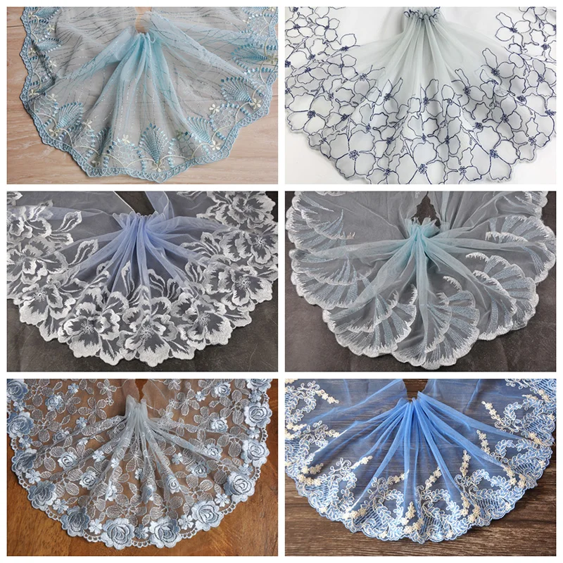 1Y Blue Mesh Embroidery Lace Fabric Handmade DIY Garment Sewing Clothing Accessories