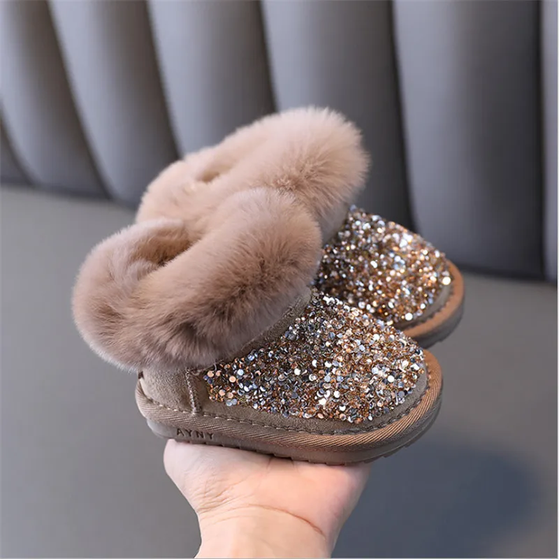 2023 New Winter Children Snow Boots Rhinestone Warm Plush Zip Ankle Princess Little Girls Boots Fashion Toddler Baby Shoes