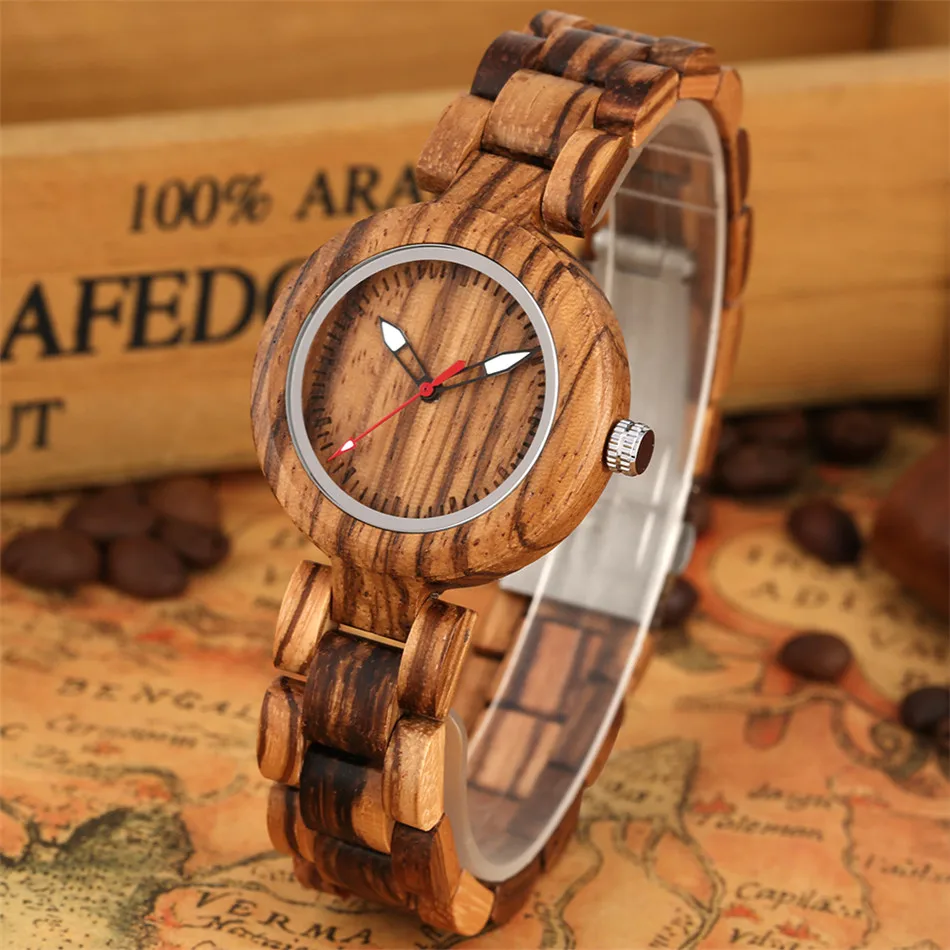 Montres à Quartz pour femmes, petit cadran en bois de bambou, montre-bracelet à fermoir pliant, pointeur lumineux