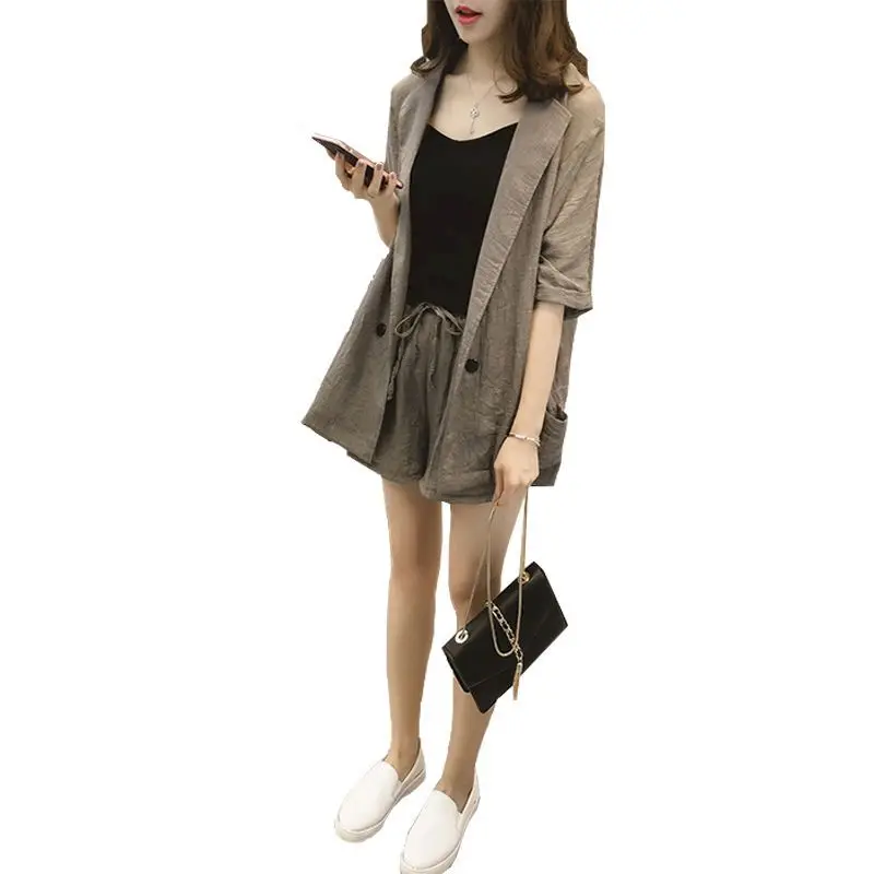 2024 Summer New Women\'s Suits Korean Oversized OL Thin Coat Shorts Suit Cotton Linen Suit Two Piece Sets Blazer And Shorts Sets