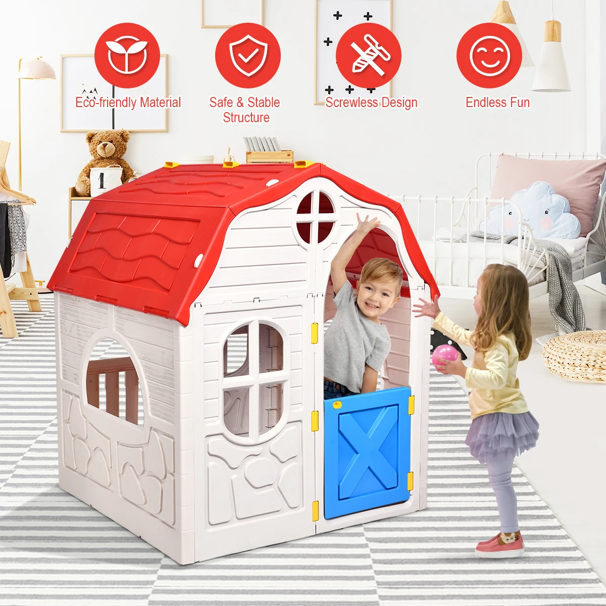 Kids Cottage Playhouse Foldable Plastic Play House Indoor Garden Toy Portable