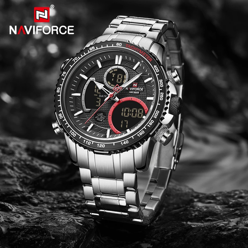 NAVIFORCE Fashion Sport Waterproof Men's Digital Watch with Stainless Steel Strap Chronograph Luminou Wristwatch Male Wristwatch