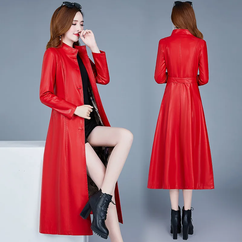 Spring coat ladies Pu leather coat lengthened autumn fashion locomotive leather windbreaker over knee women black red green