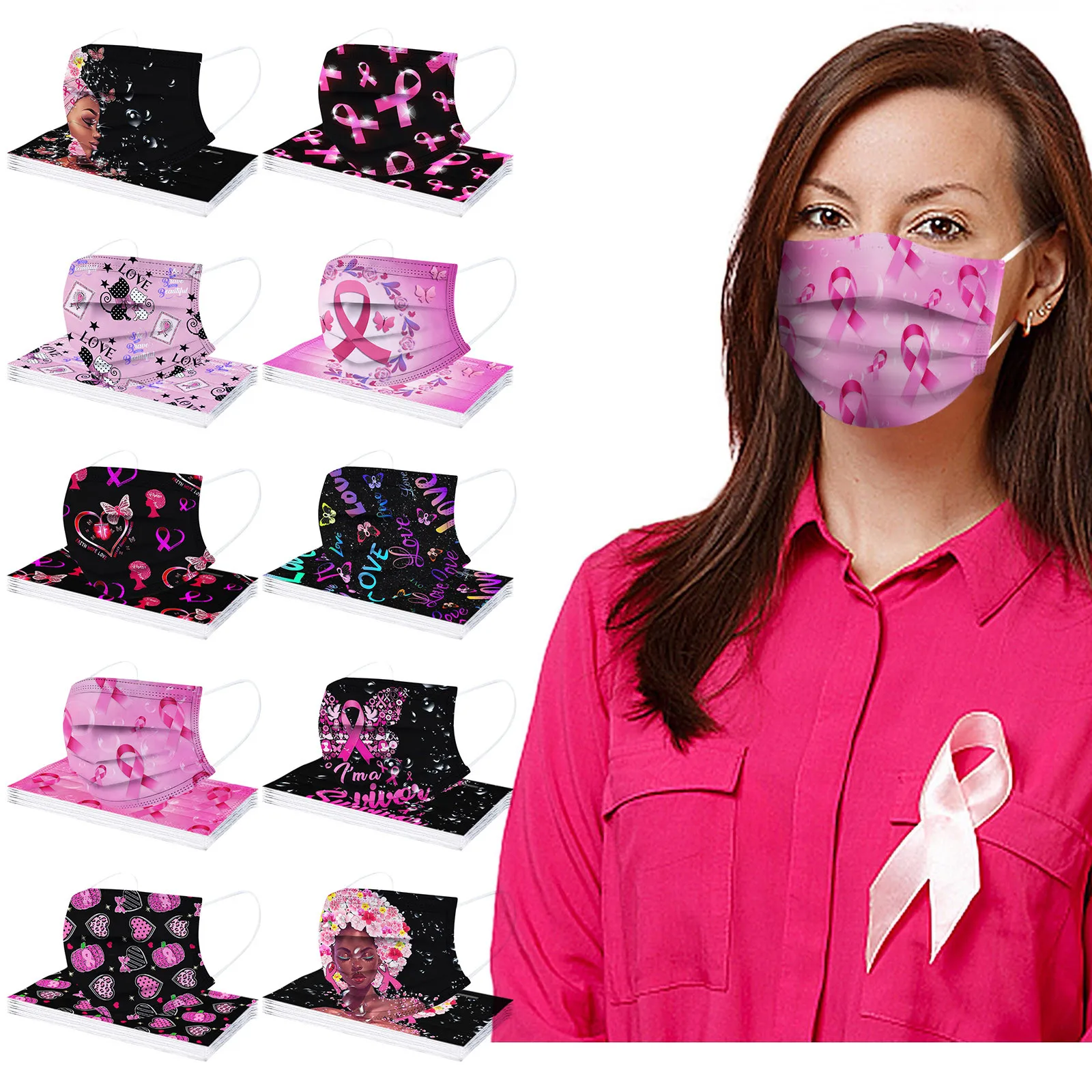 

10pcs Breast Cancer Printed Adults Disposable Mask Awareness Hope Ribbon 3 Layer Mask Mascarillas Desechable Halloween Cosplay