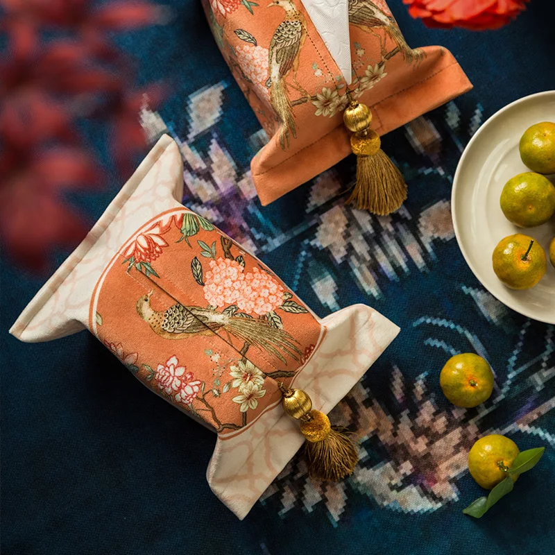 Chinese Traditional Bird Flower Painting Tissue Holder Cover, Tassel Light, Luxury Soft Velvet, Lucky Design, Napkin Storage