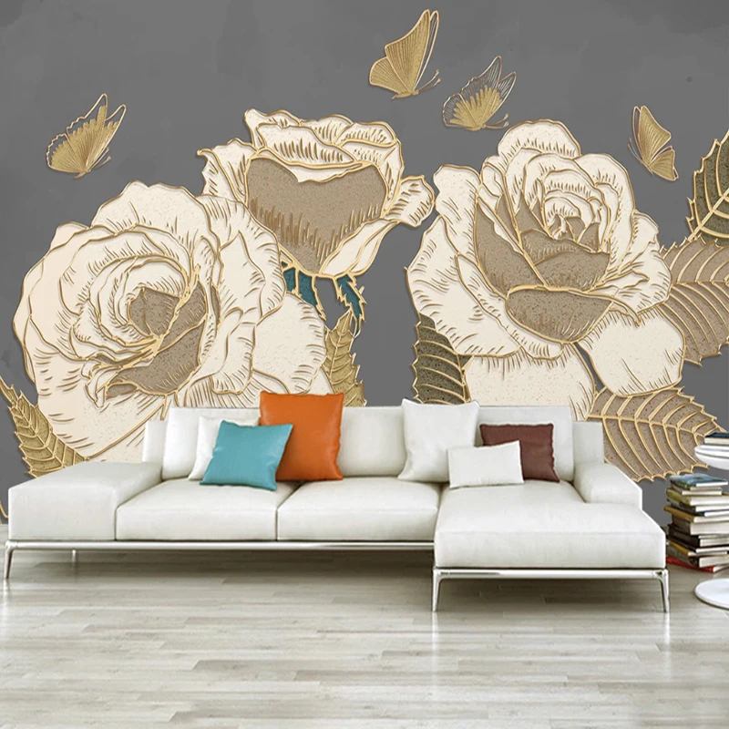 Custom Wall Mural Beautiful Golden Relief Rose Butterfly Wallpaper Living Room TV Background Home Decor Papel De Parede