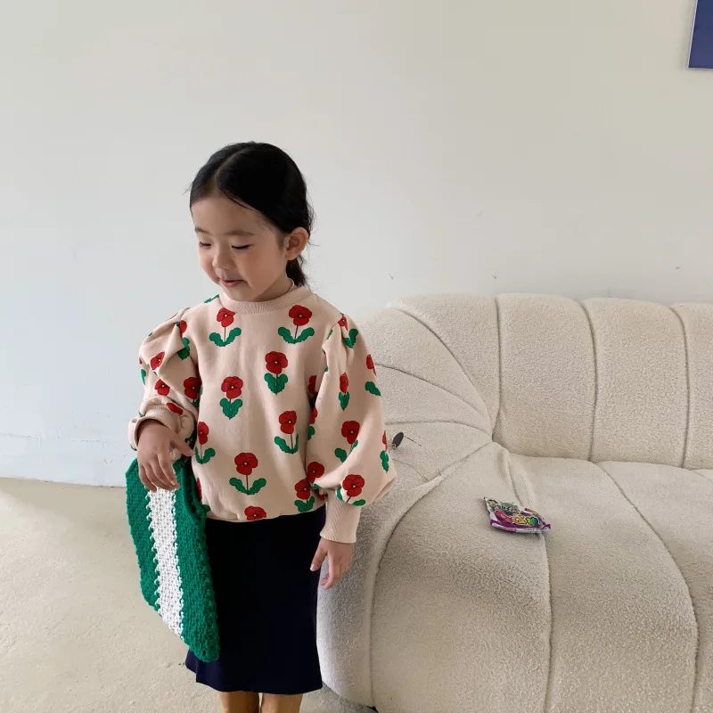 

Korean Children's Clothing for Autumn and Winter 2021 New Girls Printed Floral Puff Long Sleeve Loose Plus Velvet Padded Sweater