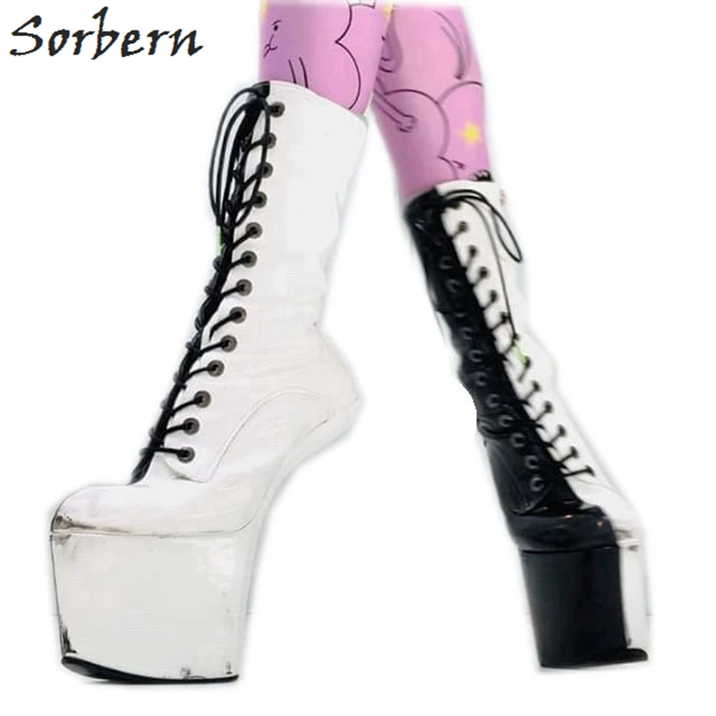 

Sorbern Black And White Boots Women Heelless Custom Color Sexy No Heel Hoof Heels Short Booties Ladies Lace Up Platform Shoes