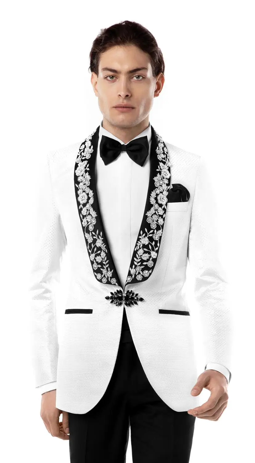 Custom Men's Suit Jacket Woolen Print Flower Collar Skinny Party Evening Wedding Male Groomsman Wear Outfit