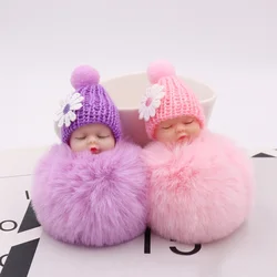 Sleeping Baby Doll Keychain Flower Pom Pom Rabbit Fur Ball Key Chain Fluffy Car Keyring Porte Clef Bag Key Ring