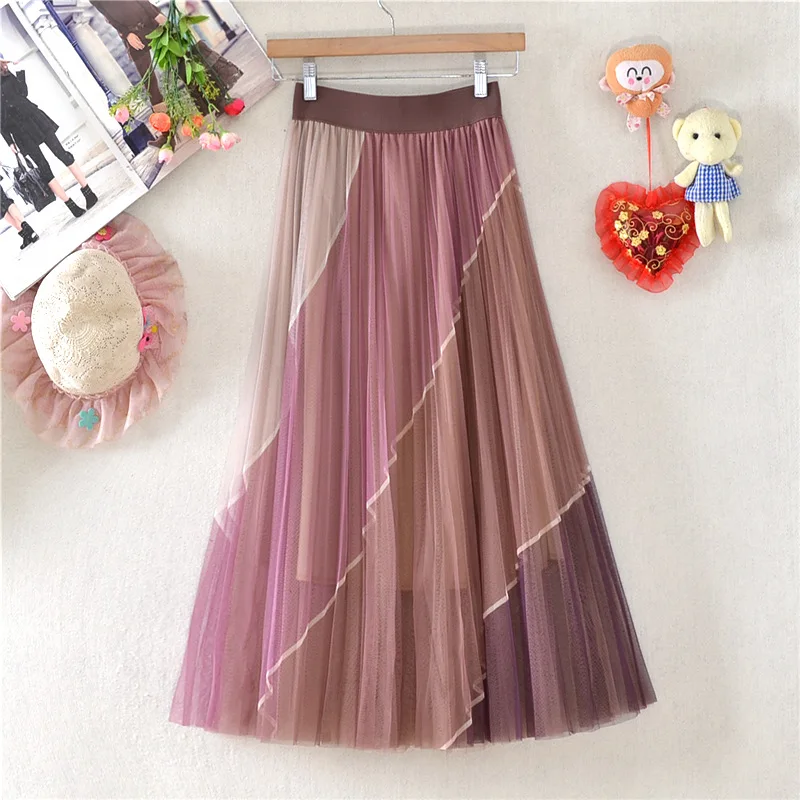 Women Elegant Double-Layer Mesh Midi Skirts Fashion Girls Ladies Streetwear High Waist Tulle Pleated Skirt DS229