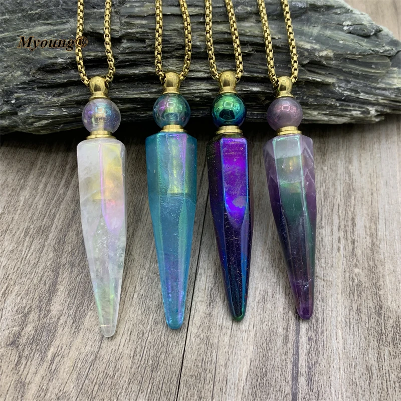 

Titanium Faceted Amethysts White Crystal Stick Point Perfume Bottle Pendant Necklace,Quartz Essential Oil Diffuser Vial Jewelry