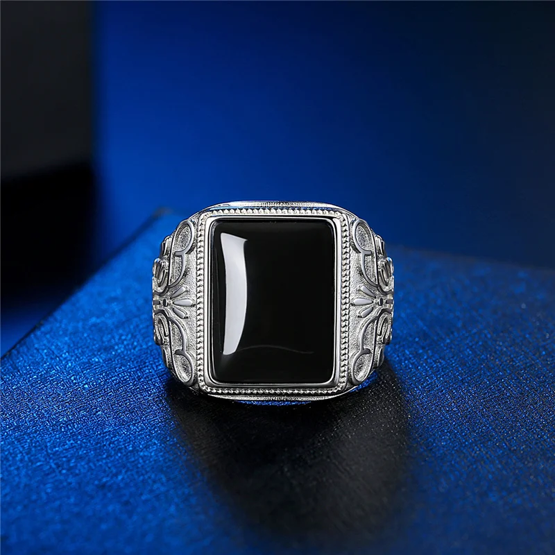 

KOFSAC Fashion Ethnic Style Vintage Carved Square Black Agate Ring Jewelry 925 Sterling Silver Rings For Men Party Accessories