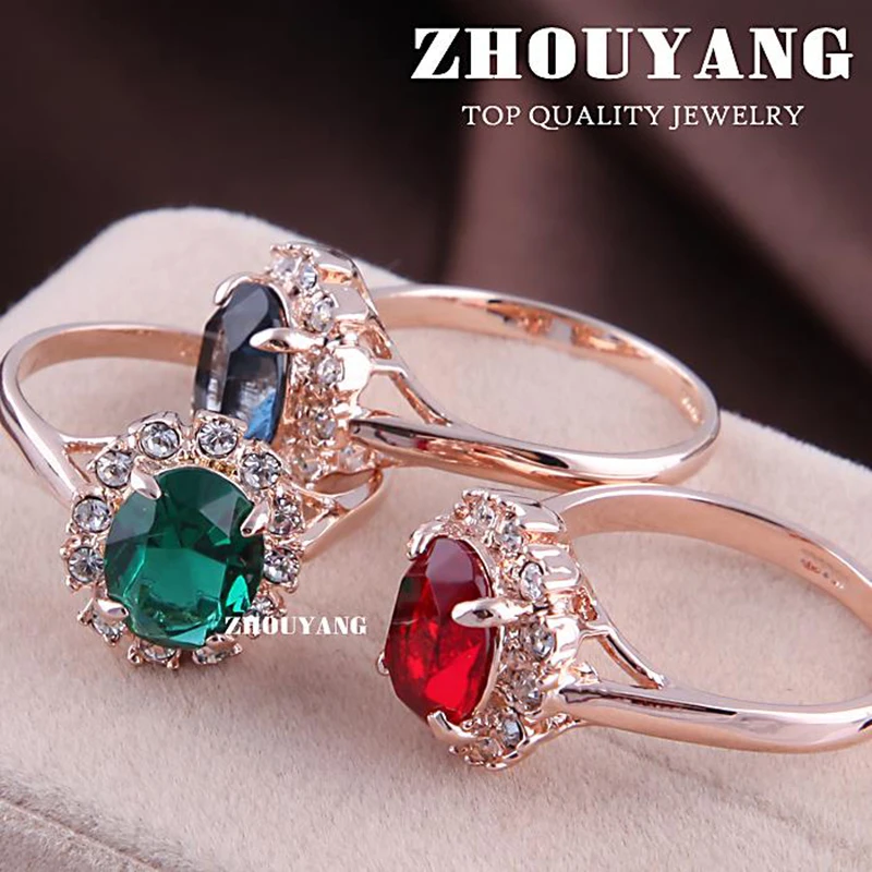 ZHOUYANG Top Quality Rose Gold Color Created Green Crystal Finger Rings Elegant Brand Jewelry CZ Austrian Crystal For Women R088