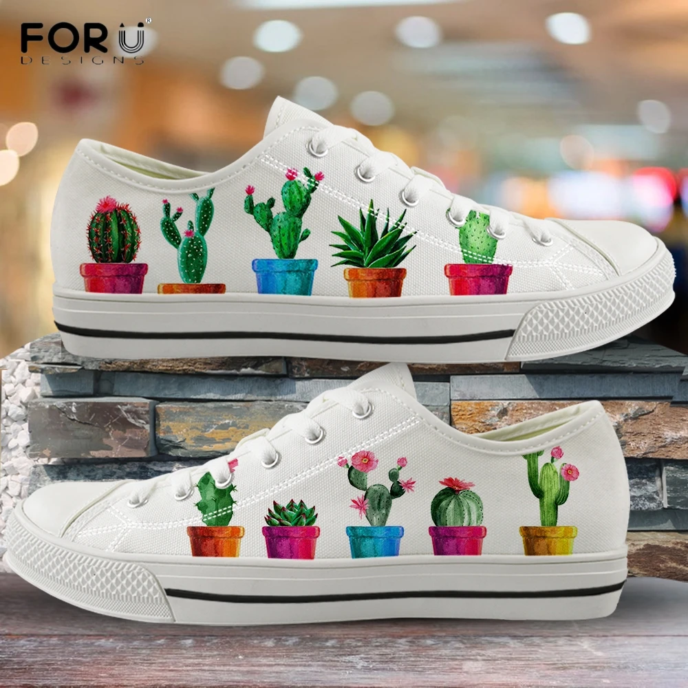 FORUDESIGNS Green Plant Cactus Printed Sneakers for Woman Casual Low Top White Canvas Shoes  Designer Ladies Plus Size 44 Shoe